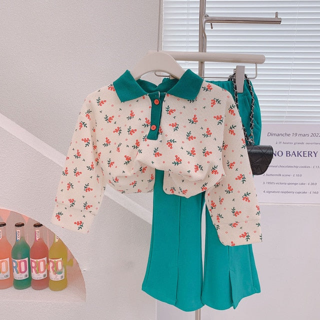 New Girls Suit Cute Floral Lapel Sweater+Flared Pants 2pcs Children Fashion Kids Outfit