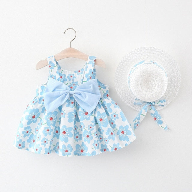 2 Piece Summer Clothes Baby Girl Beach Dresses Casual Flower Princess Dress+Hat Newborn Clothing Set