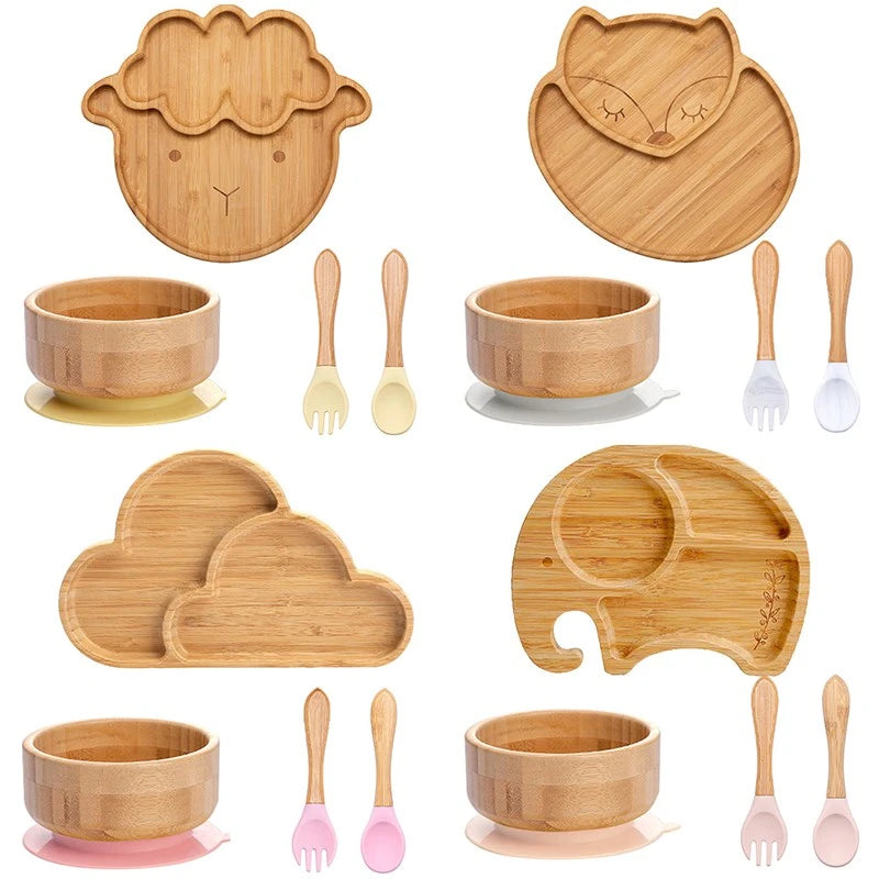 4pcs Children's Tableware Suction Plate Bowl Baby Dishes Kids Feeding Bamboo