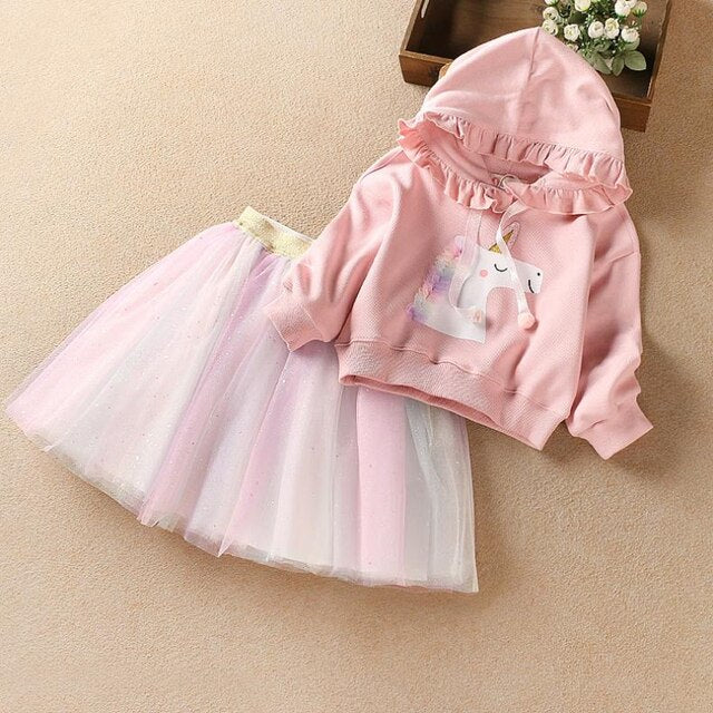 Baby Girl Clothes Sets Spring Autumn For 3 to 8 Years Old Kids Cartoon Unicorn Hooded Sweater+Rainbow Mesh Skirt
