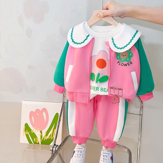Baby Girls Clothing Sets Spring Kids Coats Floral T Shirt Pants 3 Pcs Suits