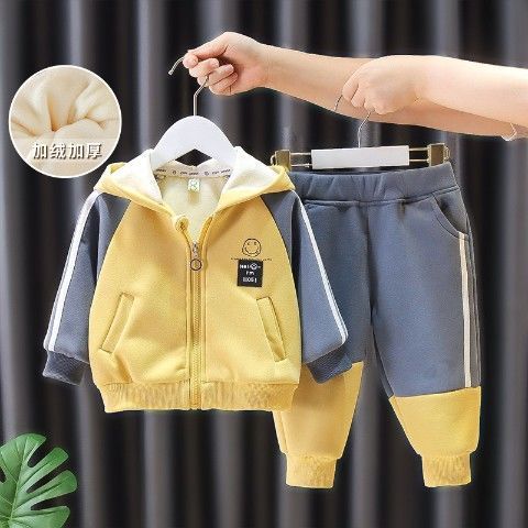 Baby Boy Plus Velvet Suit Children's Warm Hooded Clothes 1-6 Years