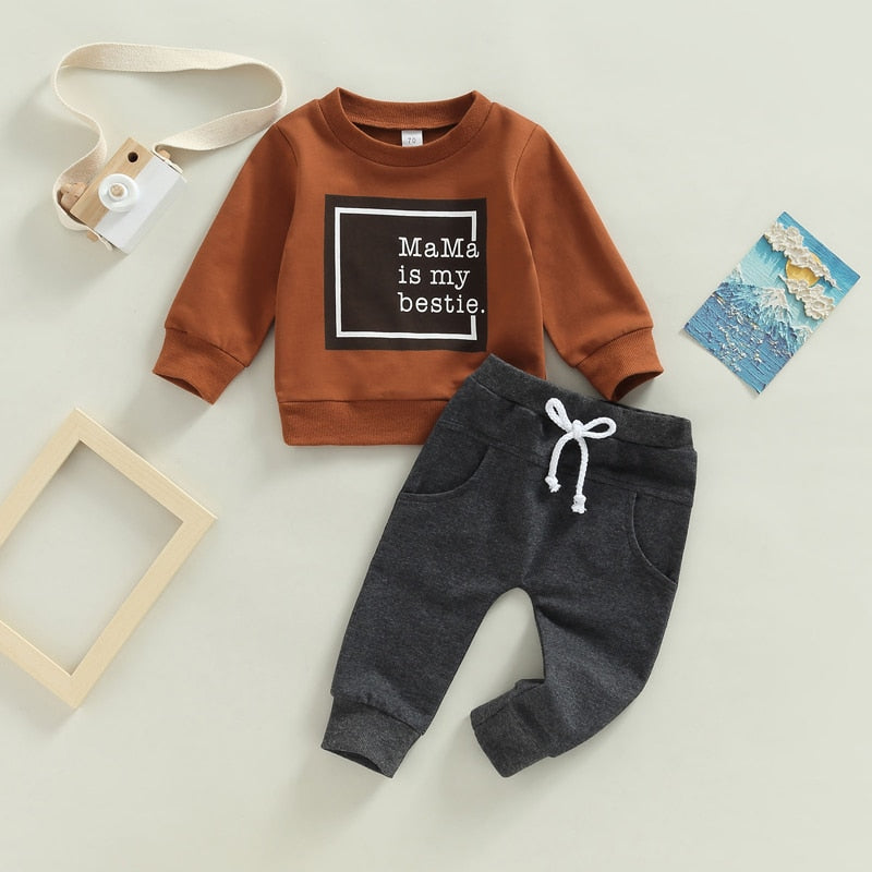 2pcs Autumn Causal Baby Boys 0-3Y Clothes Sets Letter Patchwork Long Sleeve Pullover Sweatshirt Tops