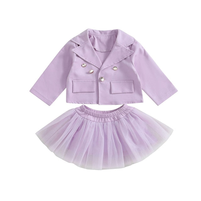 Ensemble de vêtements de mode pour enfants filles 1-7Y manteau à simple boutonnage + jupe en tulle de dentelle