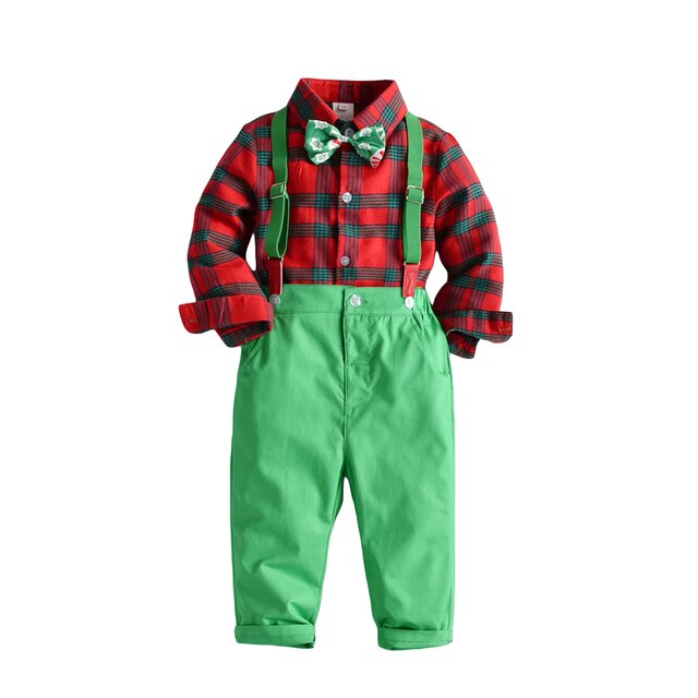 1-6Y Gentleman Kid Boys 3pcs Clothes Sets Plaid Printed Shirts With Bow Tie+Suspender Pants
