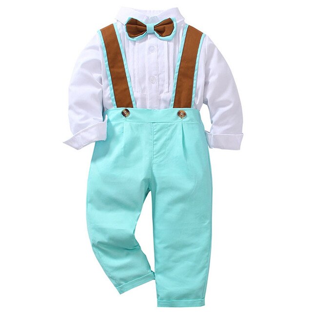 Fashion New Kids Boys Gentleman Clothes Set Long Sleeve Bow Tie Shirt+Suspender Pants