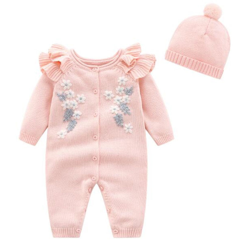 Knitwear Autumn Baby Girl Embroidery Rompers + Hat Girl Newborn Rompers