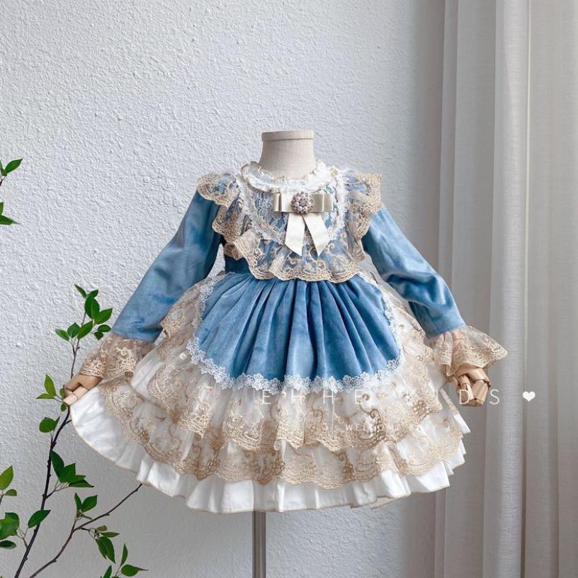 Girls Dress Autumn New Spanish Vintage Lolita Ball Gown Lace Mesh Design Birthday Party Princess Dresses For Girl