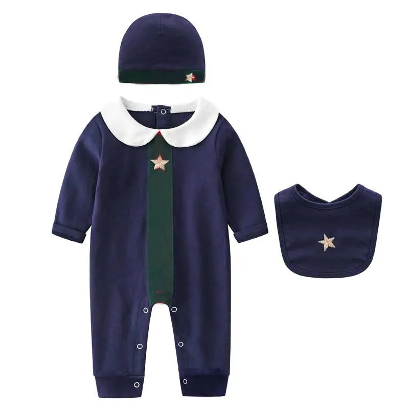 Baby clothes Cotton long-sleeved patchwork romper hat and Bibs 3-piece set