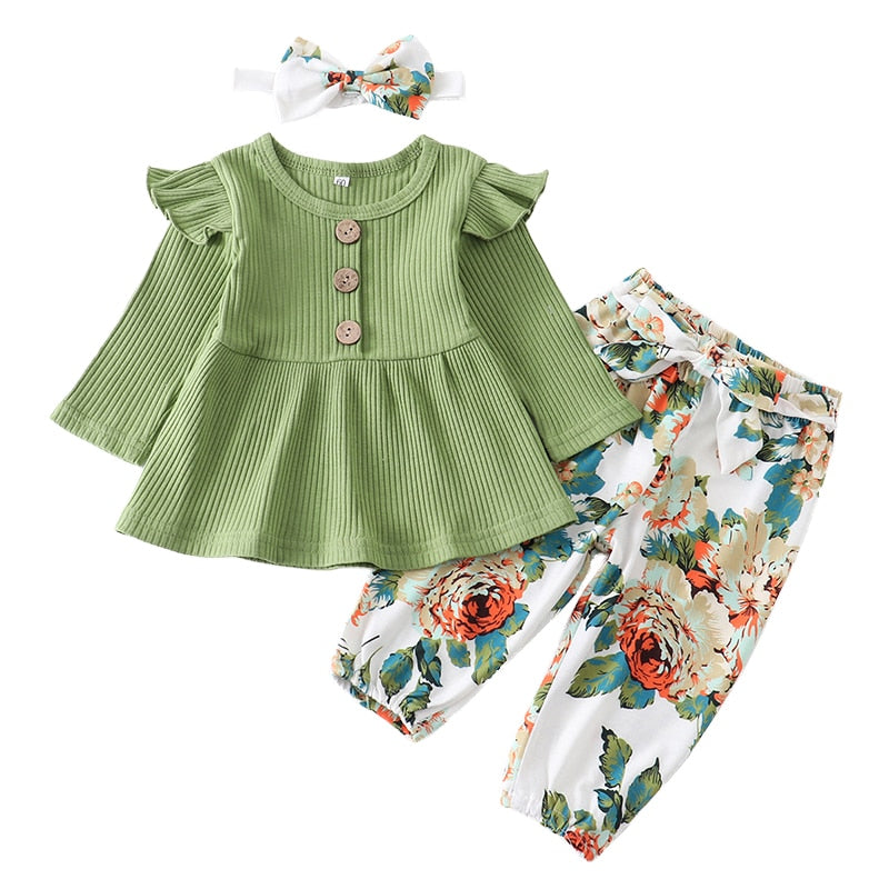 Conjunto de ropa para niña recién nacida Pantalones con estampado floral Diadema 3 piezas 
