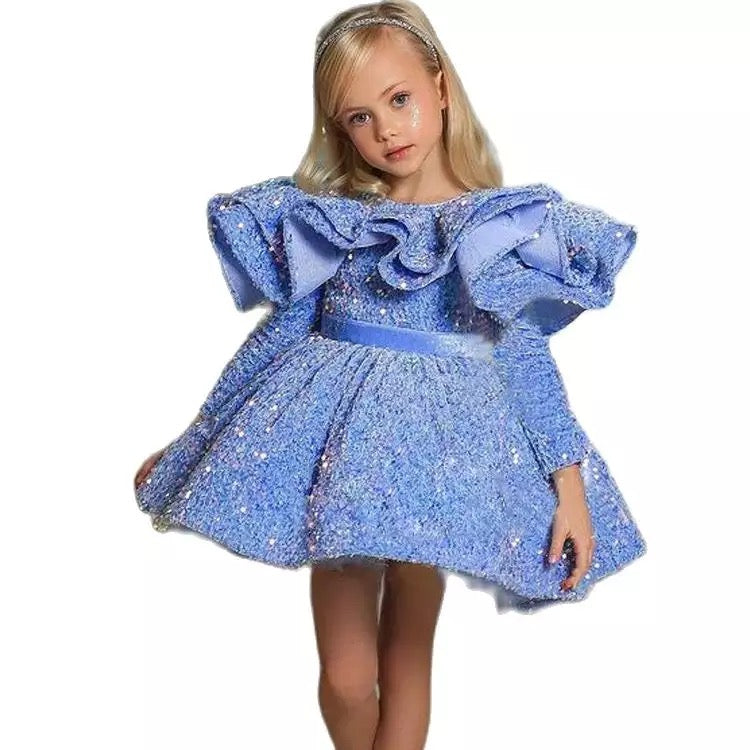Blue Glitter Illusion Lush Girl Party Dress Elegant Fluffy Princess Shiny luxurious Birthday Wedding