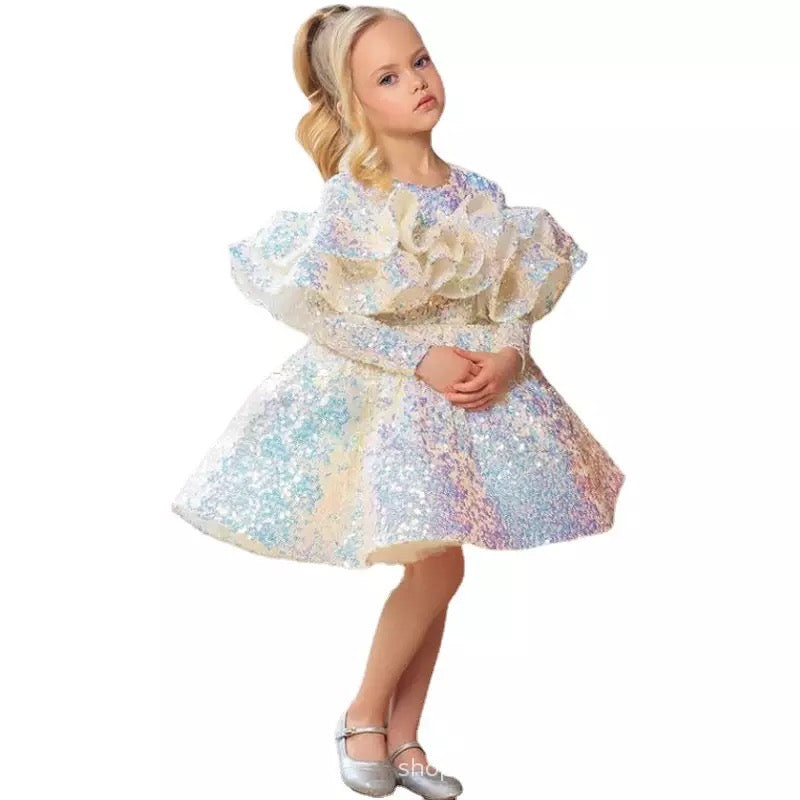 Baby Girl Bling Princess Vintage Dress Tulle Children Puff Sleeve Kids Wedding Party Birthday Tutu