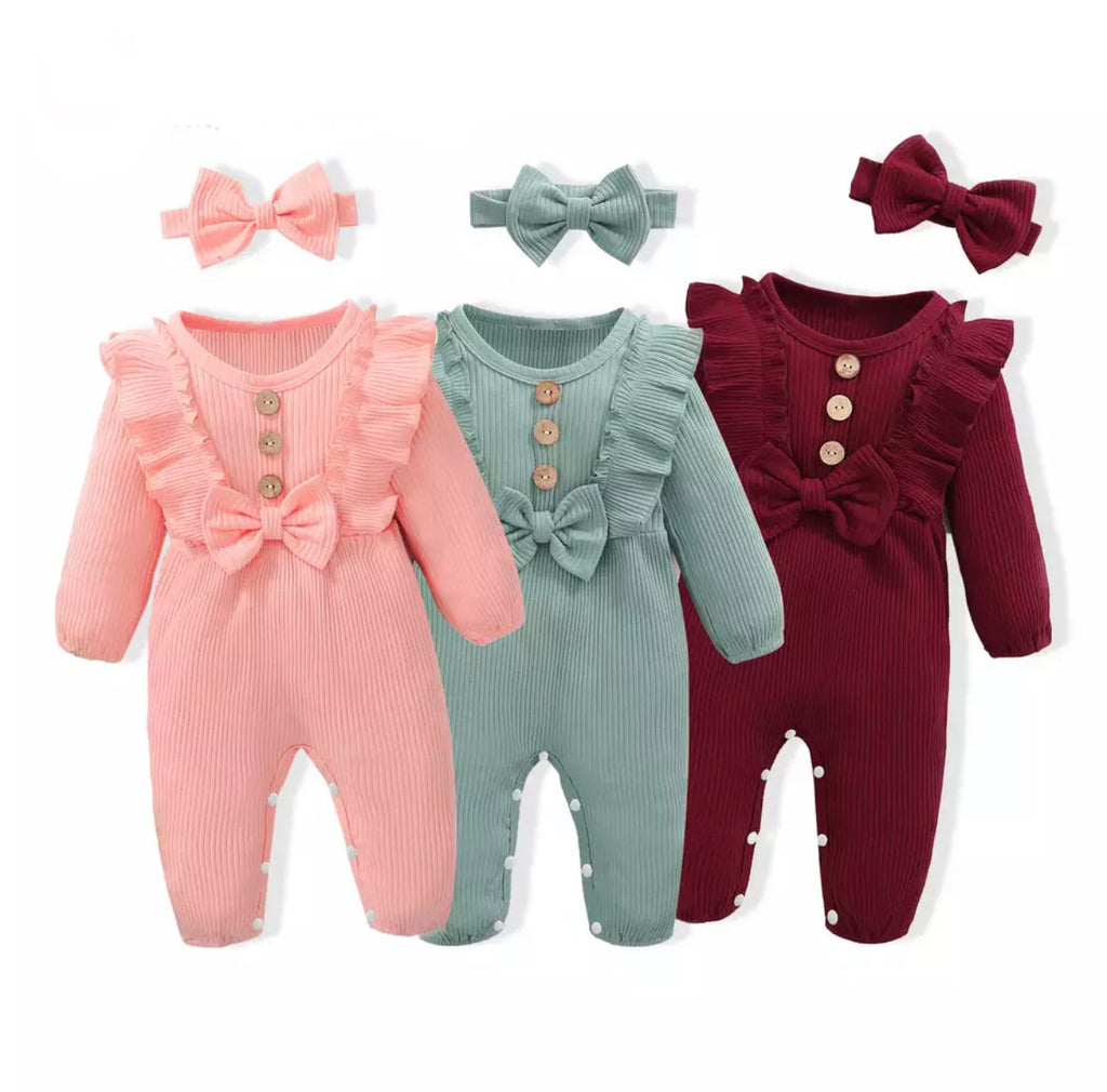 Baby Girl Clothes 2pcs Newborn Romper Long-sleeve Button Jumpsuit Headband Set
