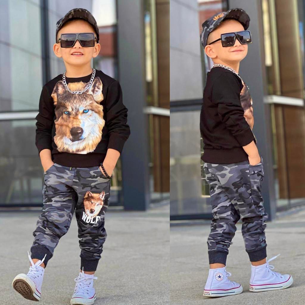 Boys Set 3 Pieces Wolf Camouflage,Cap And Pants Kids