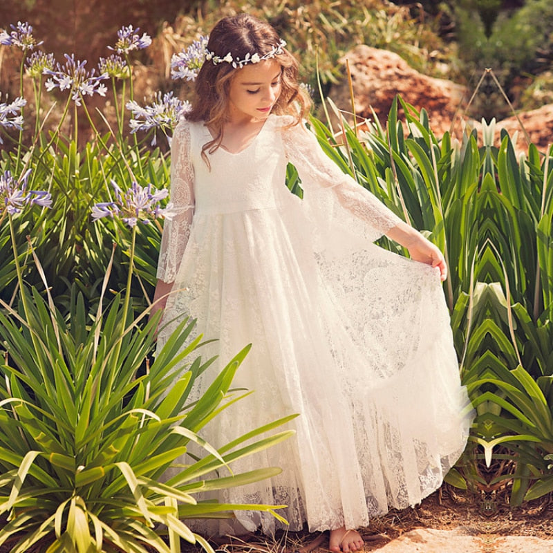 Kids White Lace Girls Full Sleeve Princess Dress Wedding Fancy Girl Dresses for Very Elegant Party Clothing