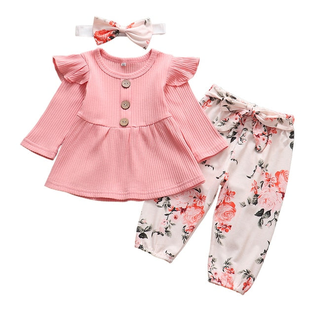 Conjunto de ropa para niña recién nacida Pantalones con estampado floral Diadema 3 piezas 