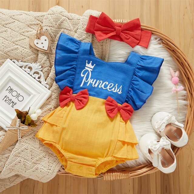 Traje de Blancanieves algodón 2 piezas bloque sin mangas bebé princesa mameluco conjunto 