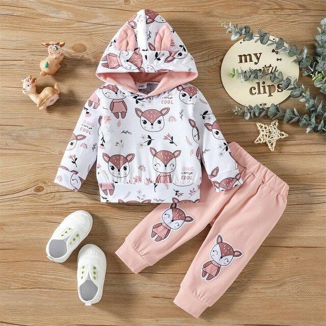 Baby Girl Animal Print Sweatpants and Long-sleeve Hoodie Set