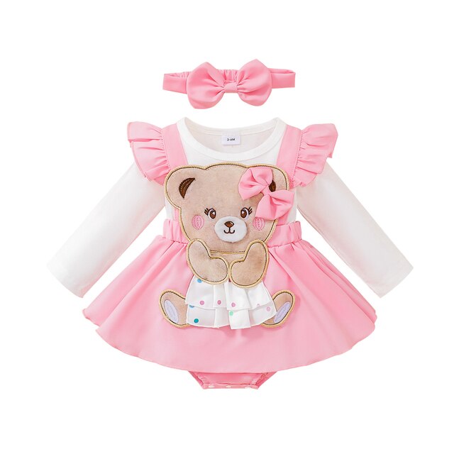 Dress Newborn Baby Girl Clothes New Born Overalls Jumpsuits Embroidered Bear Romper with Headband Set