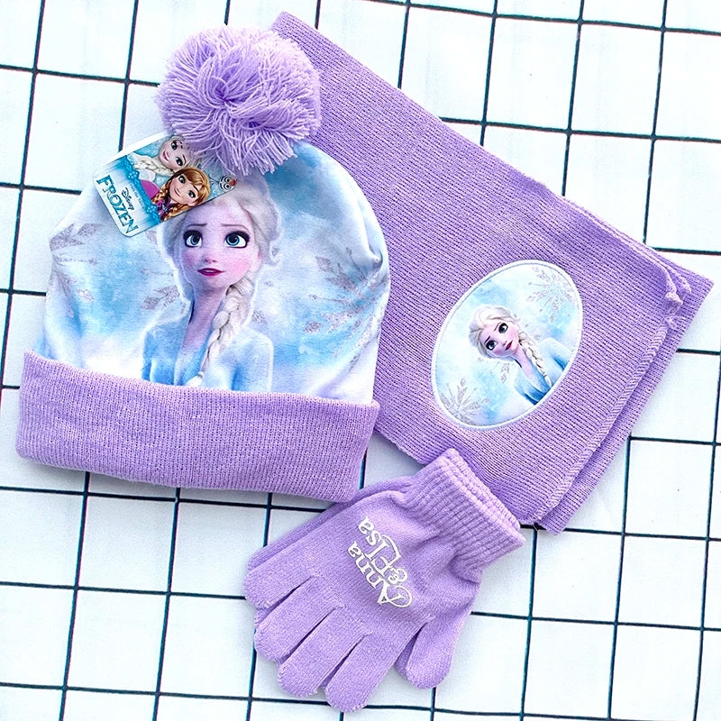 New Fall Winter ELSA Cartoon Gloves Hat and Scarf Set Kids Toddler Girl