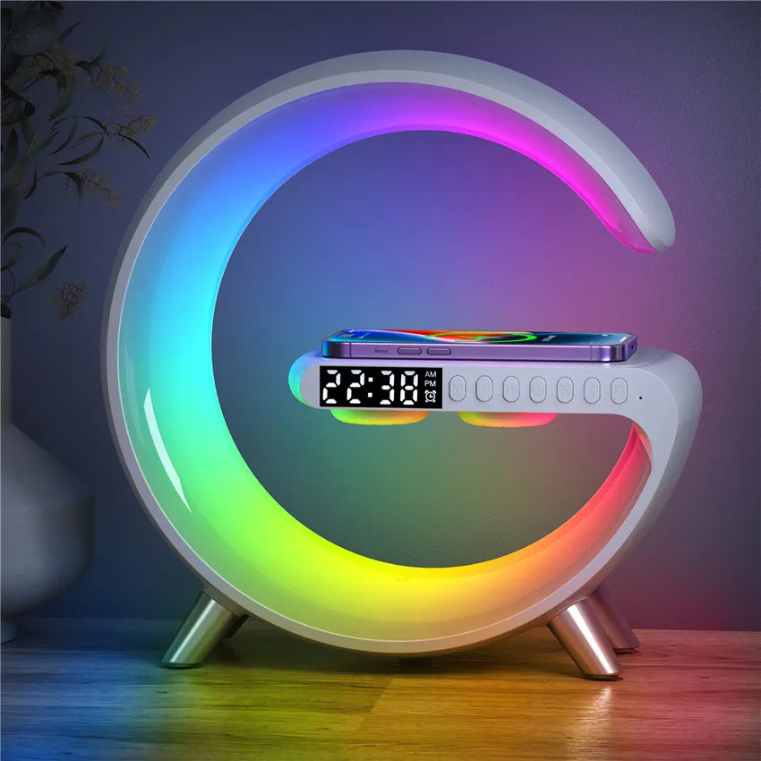 Wireless Charger Stand Alarm Clock Speaker APP Control RGB Night Light for Samsung Iphone