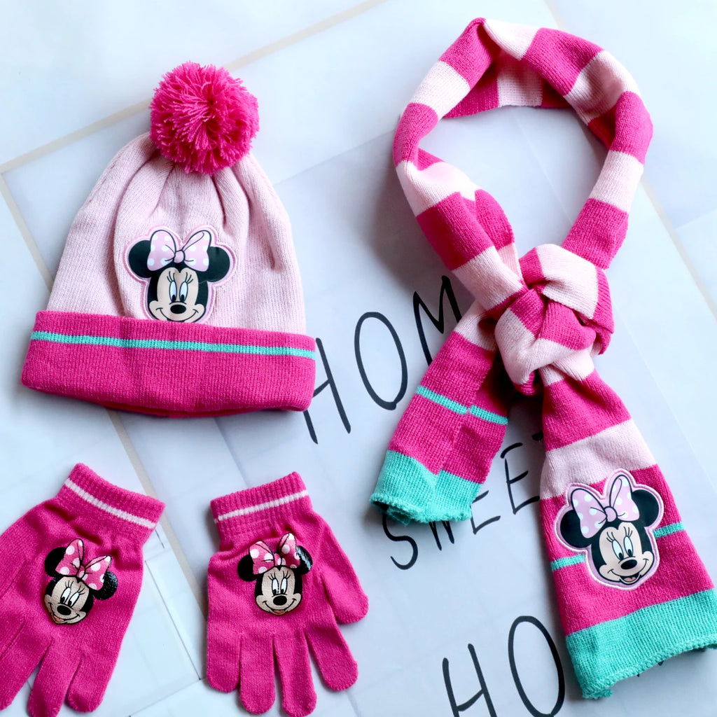 Autumn and Winter Cute Baby Girls Minnie Mouse Cartoon Scarf Hat Glove three-piece set