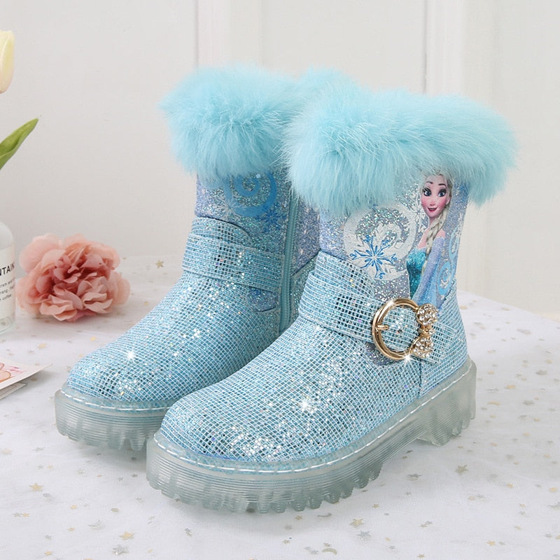 Frozen Elsa Princess Kids Cartoon Ankle  Boots Winter Princess Girls Fashion Children Thick Bottom Sneakers Blue Shoes