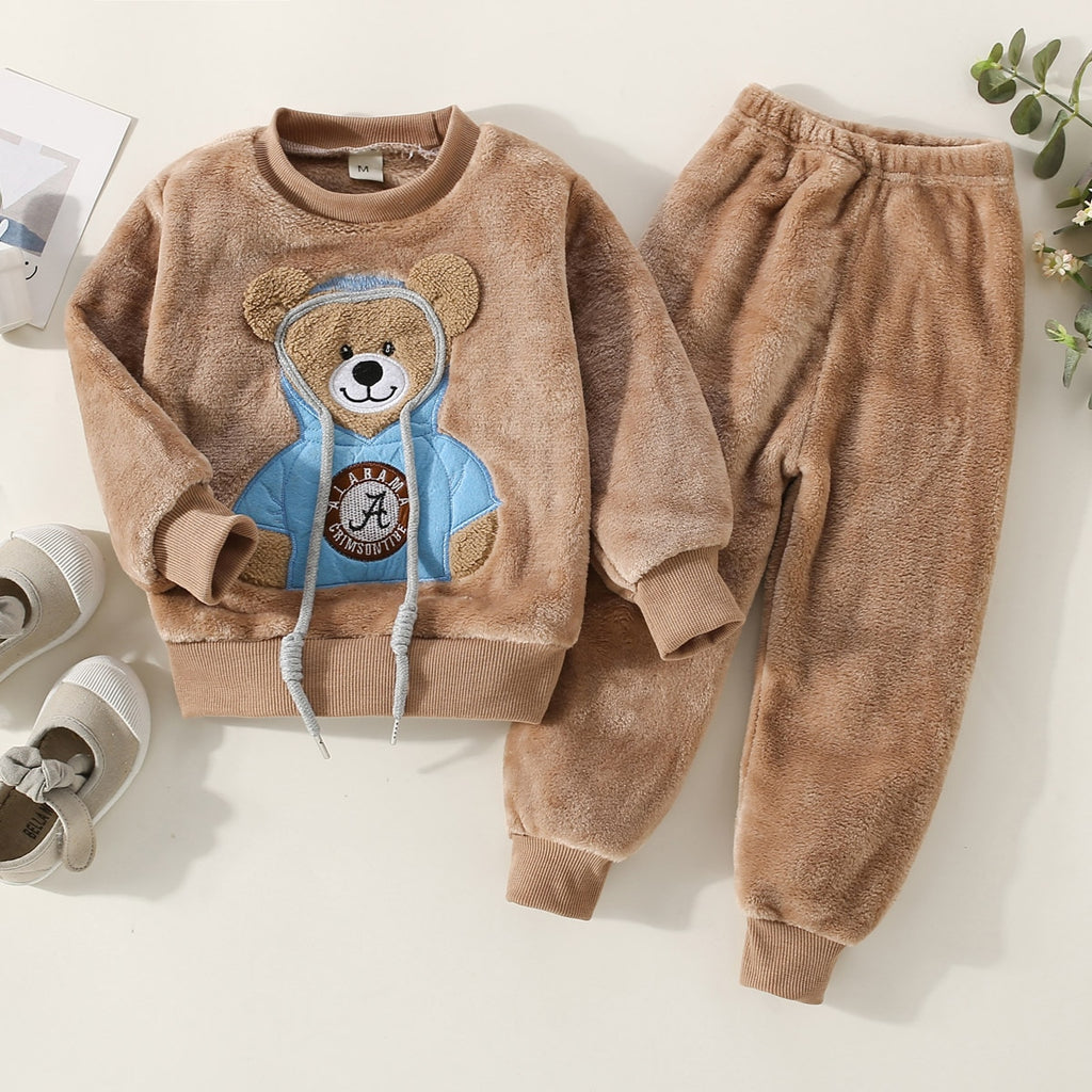 Toddler Boy Clothes Set Casual Bear Fleece Top & Solid Pants Winter Warm Clothes Set for Children's Outfit Set 2Pcs