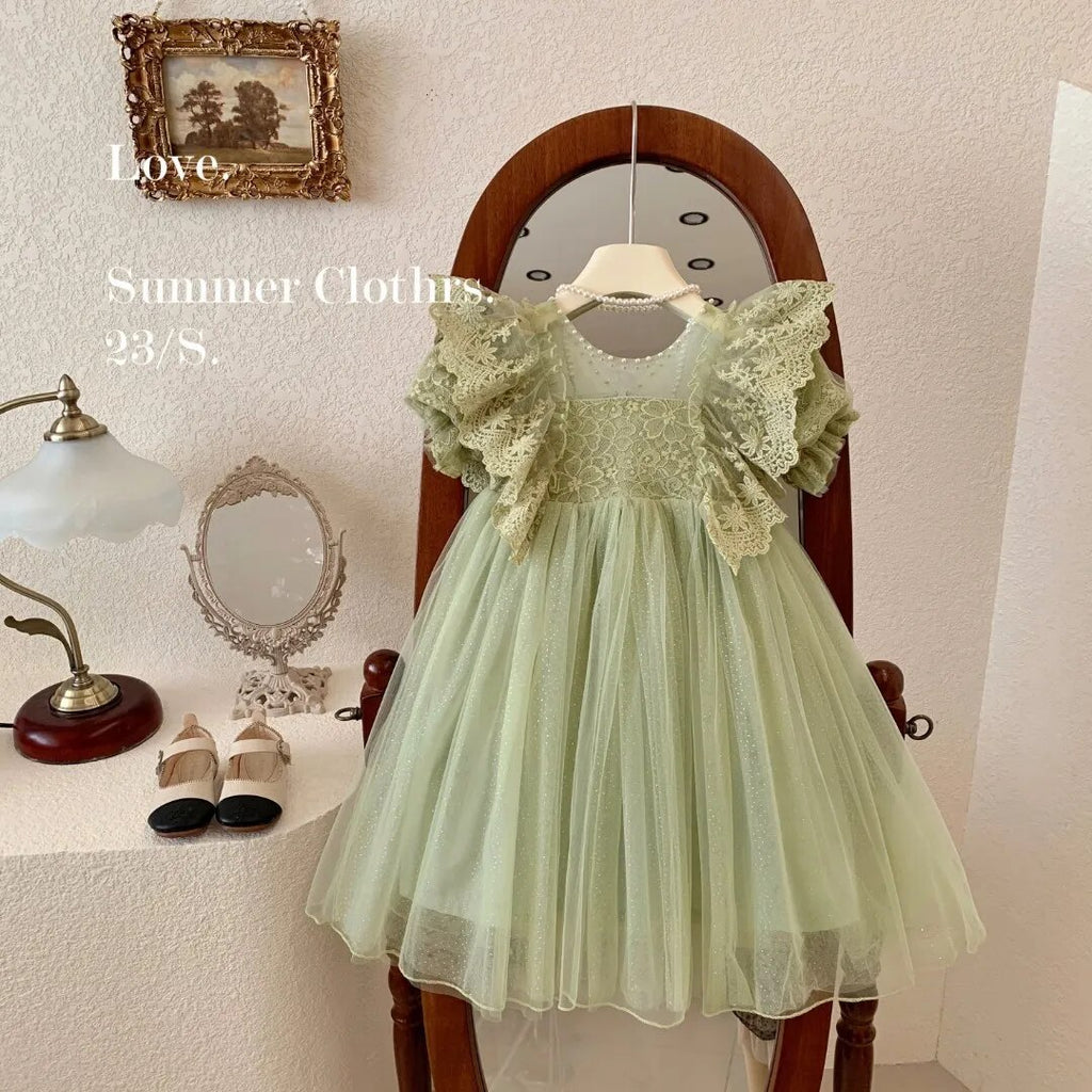 Princess Lace Dress for Child Girl Kids Green Puffy Dresses Birthday Party Clothes