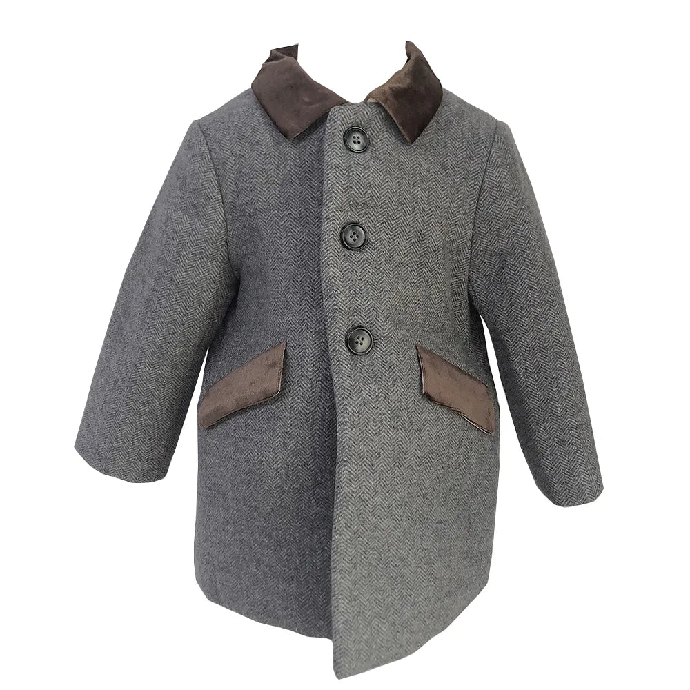 Boutique Clothing Winter Boy Gray Woolen Herringbone Pattern Coat British Jacket