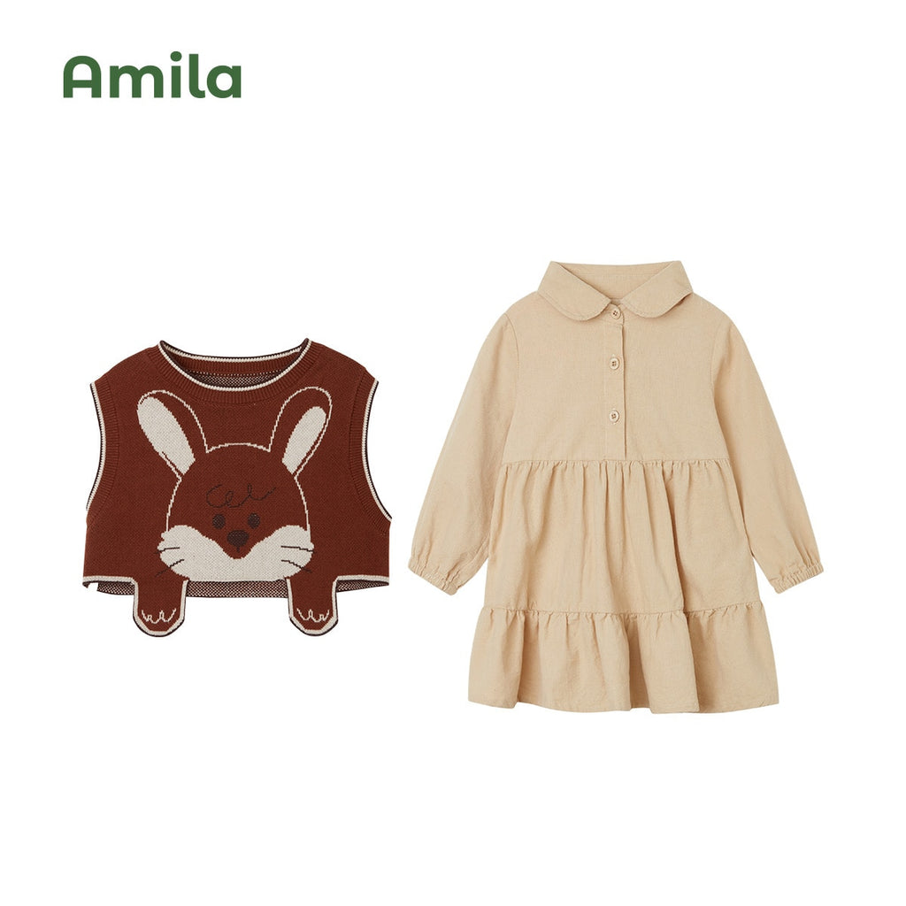 Baby Girl Dress Two Pieces Sets Cute Rabbit Cartoon Knit Vest Suit Casual Clothing