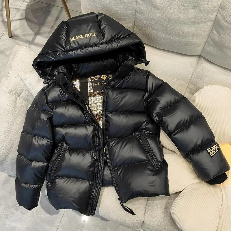 Winter Boys And Girls Jacket Hooded Coats Outerwear Black Gold Lining Waterproof Parka