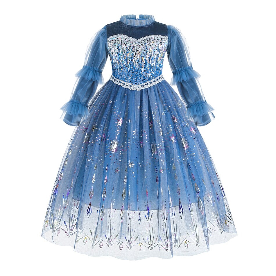 2023 Autumn Winter Elsa Dress For Girl Frozen Sequin Snowflake Frock Halloween Party Flowing Ruffle Sleeve Princess Cosplay Costume