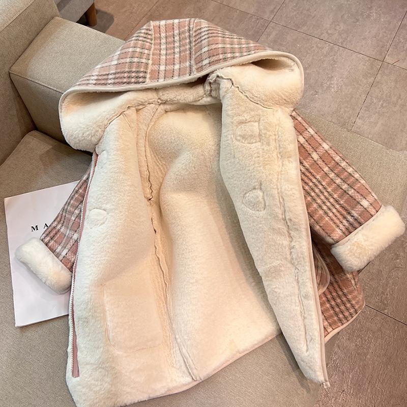 Winter Kids Girls Fashion Long Plaid Hooded Thick Warm Fleece Jacket