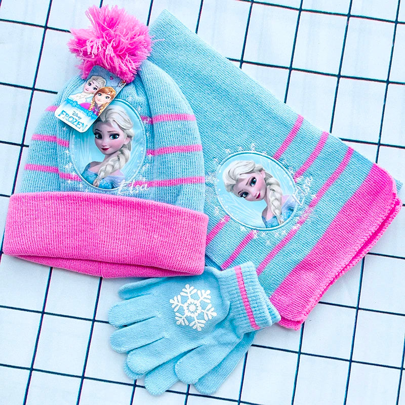 New Autumn and Winter Cute Baby Girl Children Elsa Cartoon Scarf Hat glove three-piece Set
