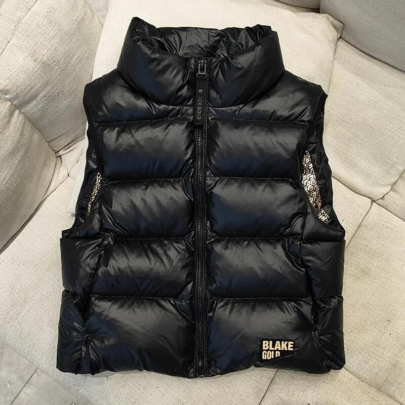 Winter Kids Girls And Boys Black Casual Hooded Short Vest Thick
