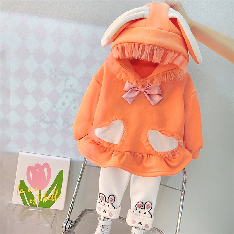 Baby Girls Clothing Sets Cartoon Rabbit Kids Lace Hooded Sweater Pants 2 Pieces Suit