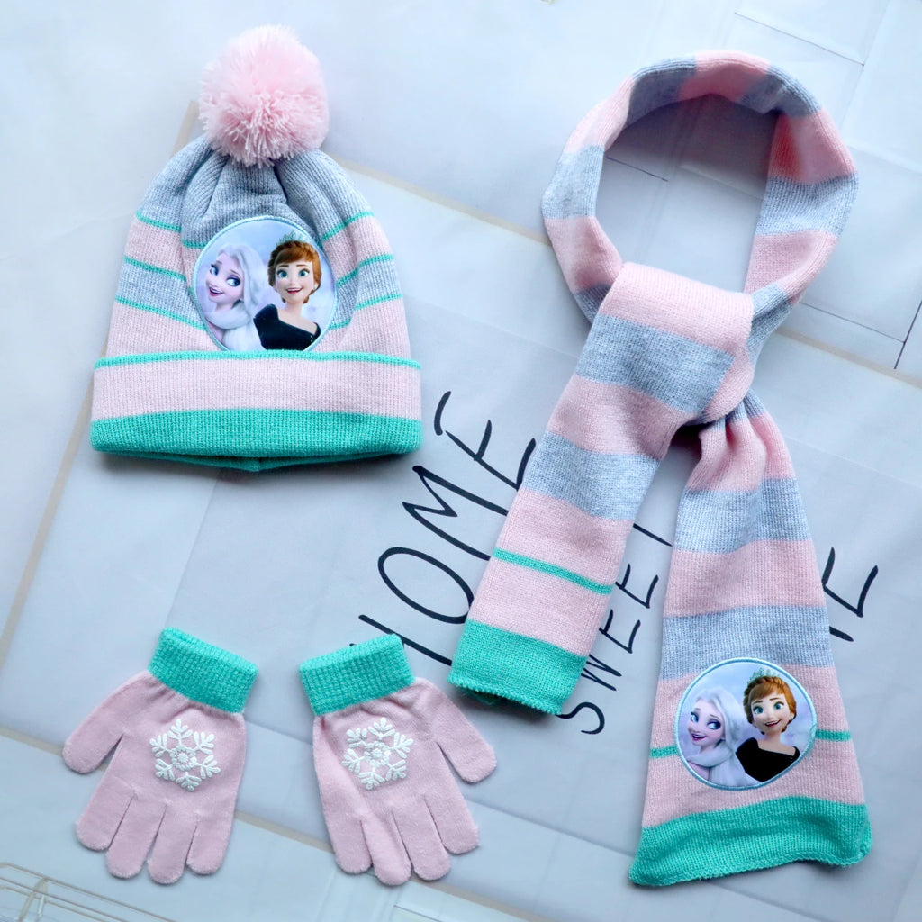 Autumn and Winter Cute Baby Girl Anna Elsa Cartoon Scarf Hat glove three-piece