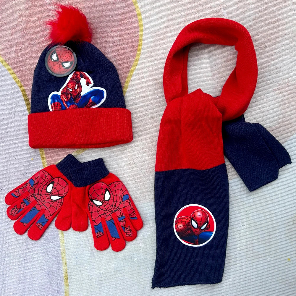 Autumn Winter Children Baby Boy SpiderMan Cartoon Scarf Hat Glove Warm knitted set