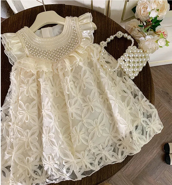 Baby Girls Boutique Beading Lace Flower Dress, Princess Kids Sweet Party Birthday