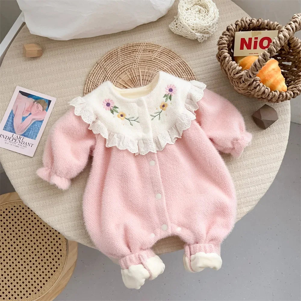 Baby Girls Cute One-pieces Kids Flower Warm Jumpsuits Newborn Romper 0-24M
