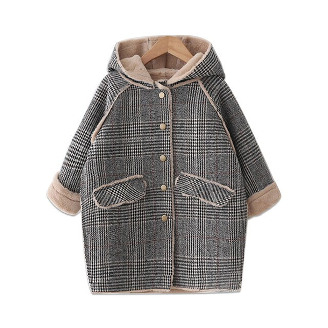 Velvet Wool Children's Coats for Girls Plaid Woolen Jackets 4Y-12Y