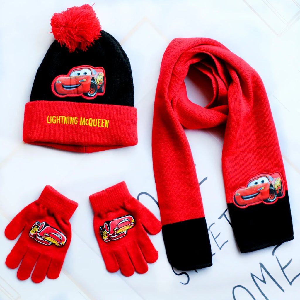 Winter Cute Children Baby Boy Red Black Car McQueen Cartoon Scarf Hat glove three-piece